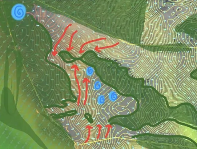 Site analysis overlay mapping water flows, terrain and opportunity zones